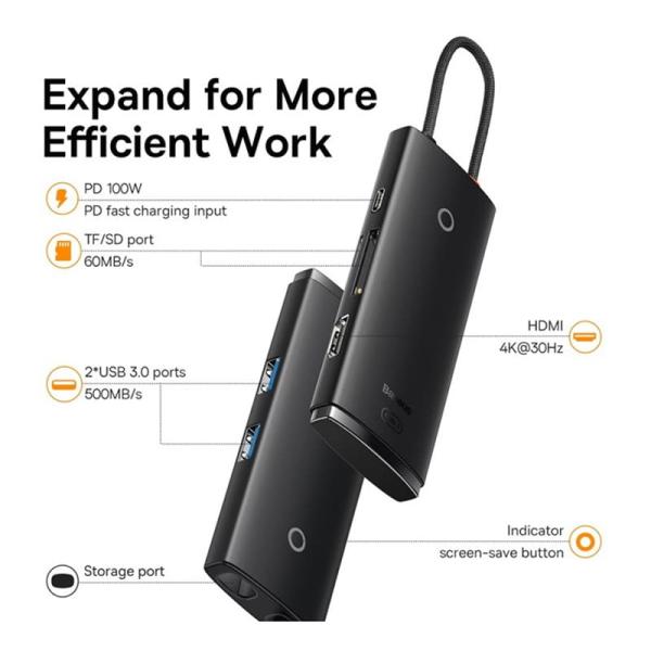 Хаб Baseus Lite Series 6-Port Type-C HUB Docking Station (Type-C to HDMI+USB3.0x2+PD+SD/TF) (WKQX050101) Черный