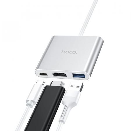 Хаб hoco. Easy use USB-C на USB3.0 + HDMI + PD (HB14) Серый